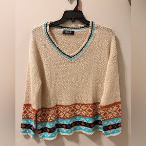 Blue B Women's V-Neck Sweater with Cream and Brown Accents
